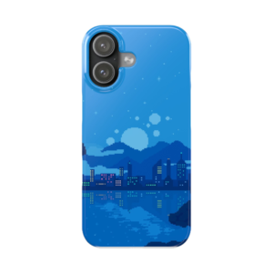 blue pixel skyline phone case with retro cityscape design