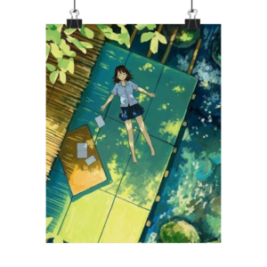 anime poster of a girl lying on tatami under sunlight with leaves above