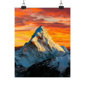 mountain poster with fiery orange sunset over snowy peak