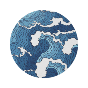 round rug with layered blue contour wave pattern
