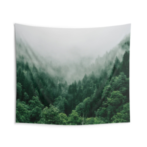 misty forest tapestry hanging with foggy green pine trees