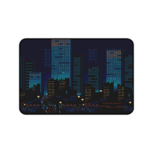 pixel art city skyline mousepad in dark blue nighttime colors